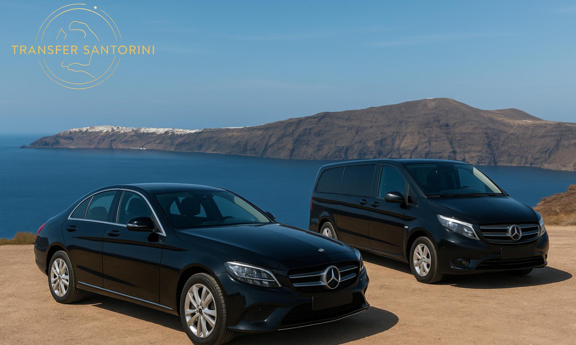 Luxury transfer service in Santorini with premium vehicles at Oia sunset, Imerovigli, Fira, beach