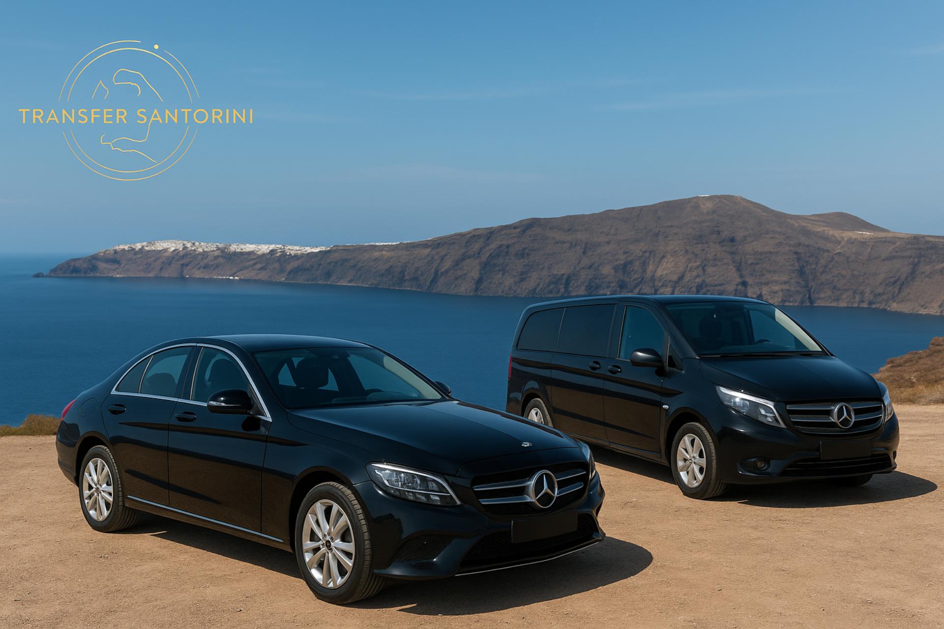 Luxury transfer service in Santorini with premium vehicles at Oia sunset, Imerovigli, Fira, beach